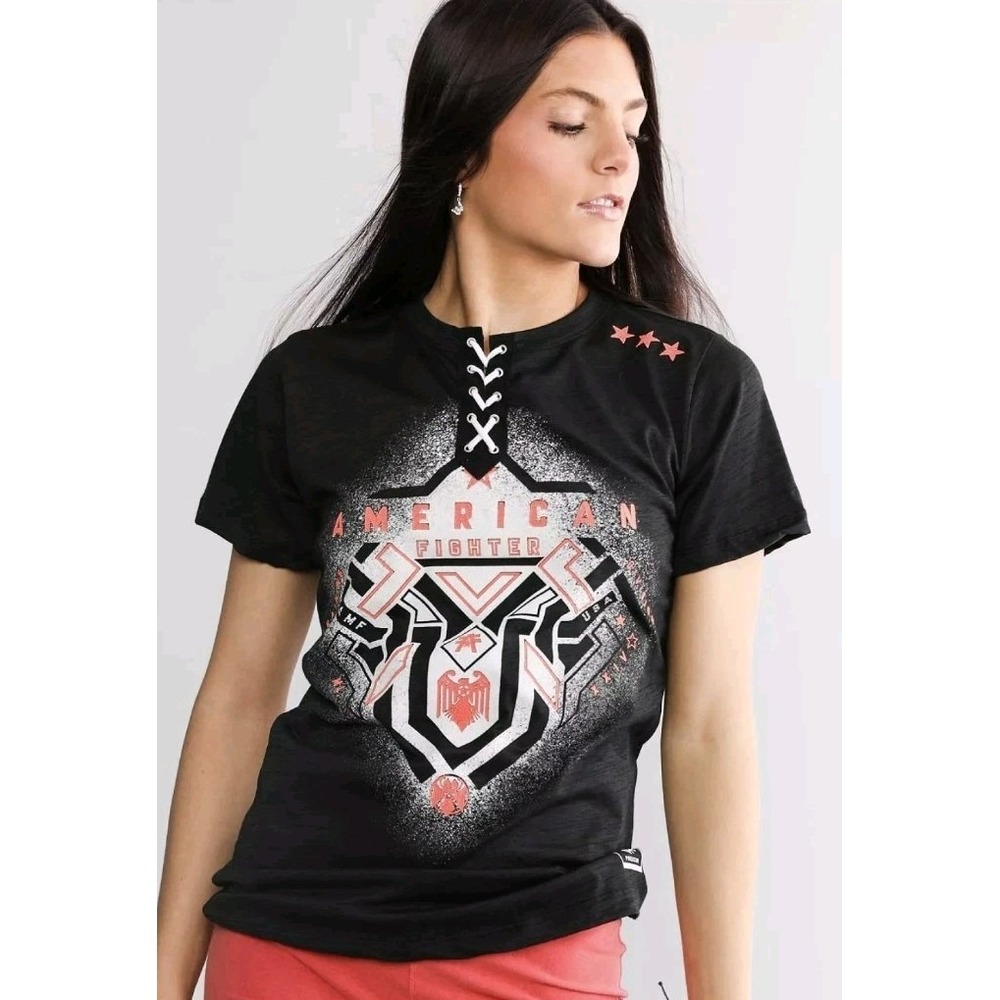 NEW American Fighter Woman XS Logo Black Pink Marksville Tie Tee Y2K Moto Grunge